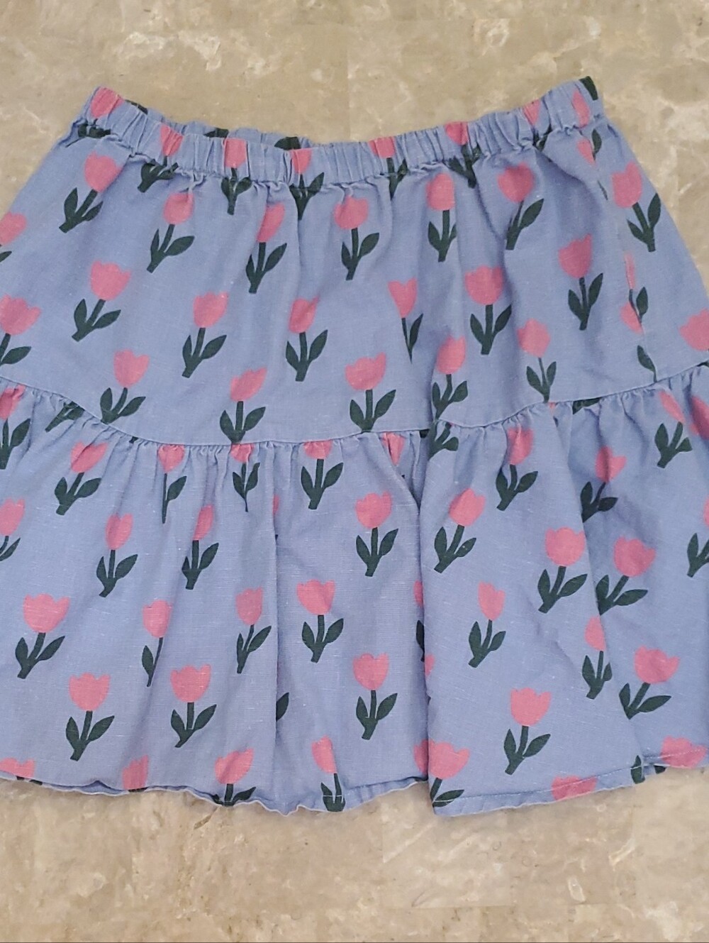 Hanna Andersson Girls 12 Blue Tiered Skirt with Pink Tulip Print